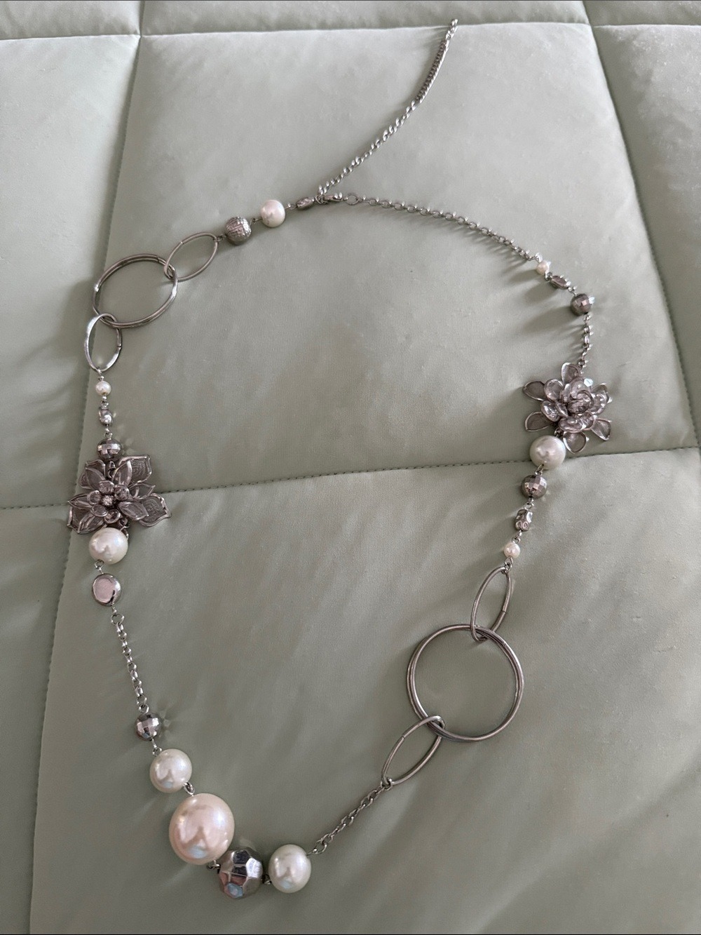 #0200 - Silver Floral Pearl Station Necklace